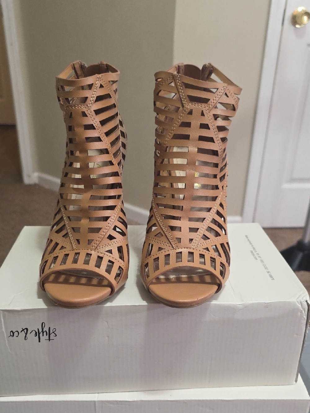 Women's Tan Strappy Cutout High Heel Sandals